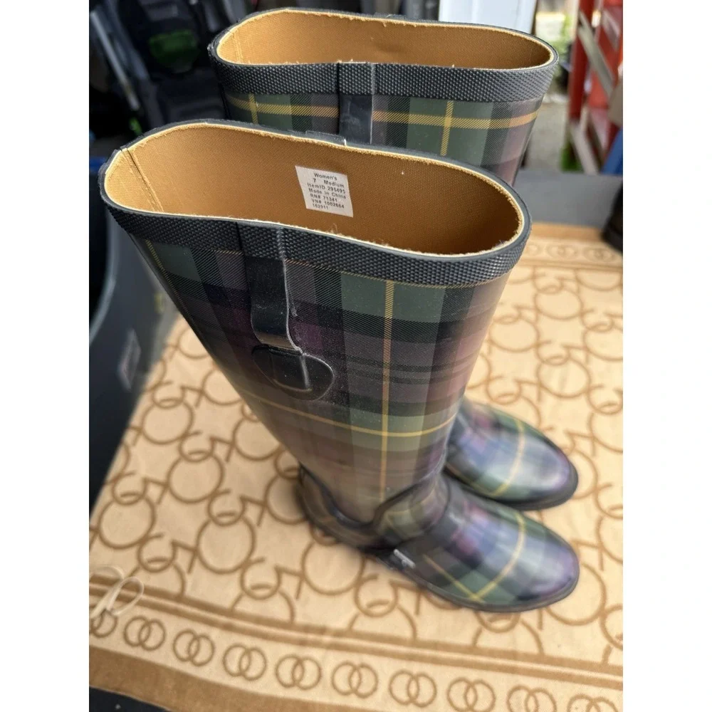 LL Bean Wellie Rain Boots Size 7‎ Plaid Rubber Tall